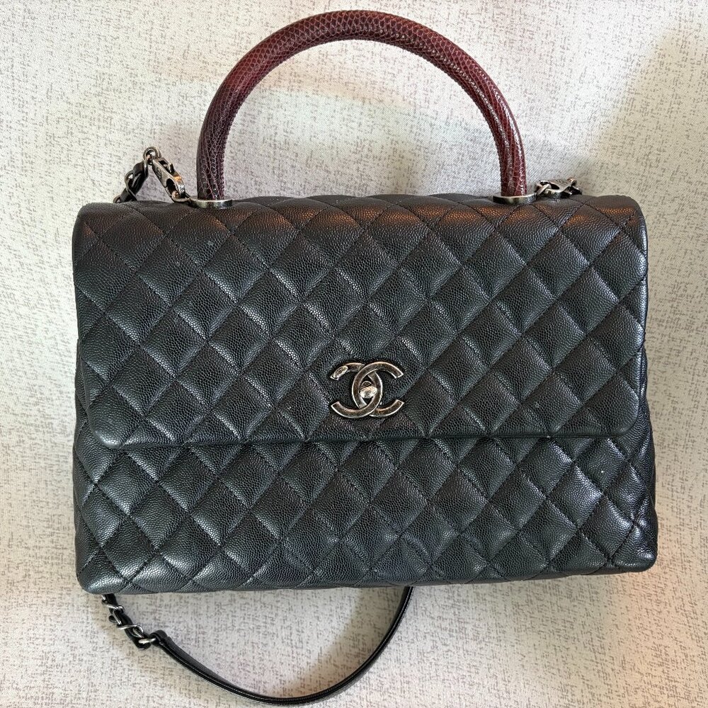 Quilted Leather Chanel Bag with Purple Python Handle and Shoulder Chain